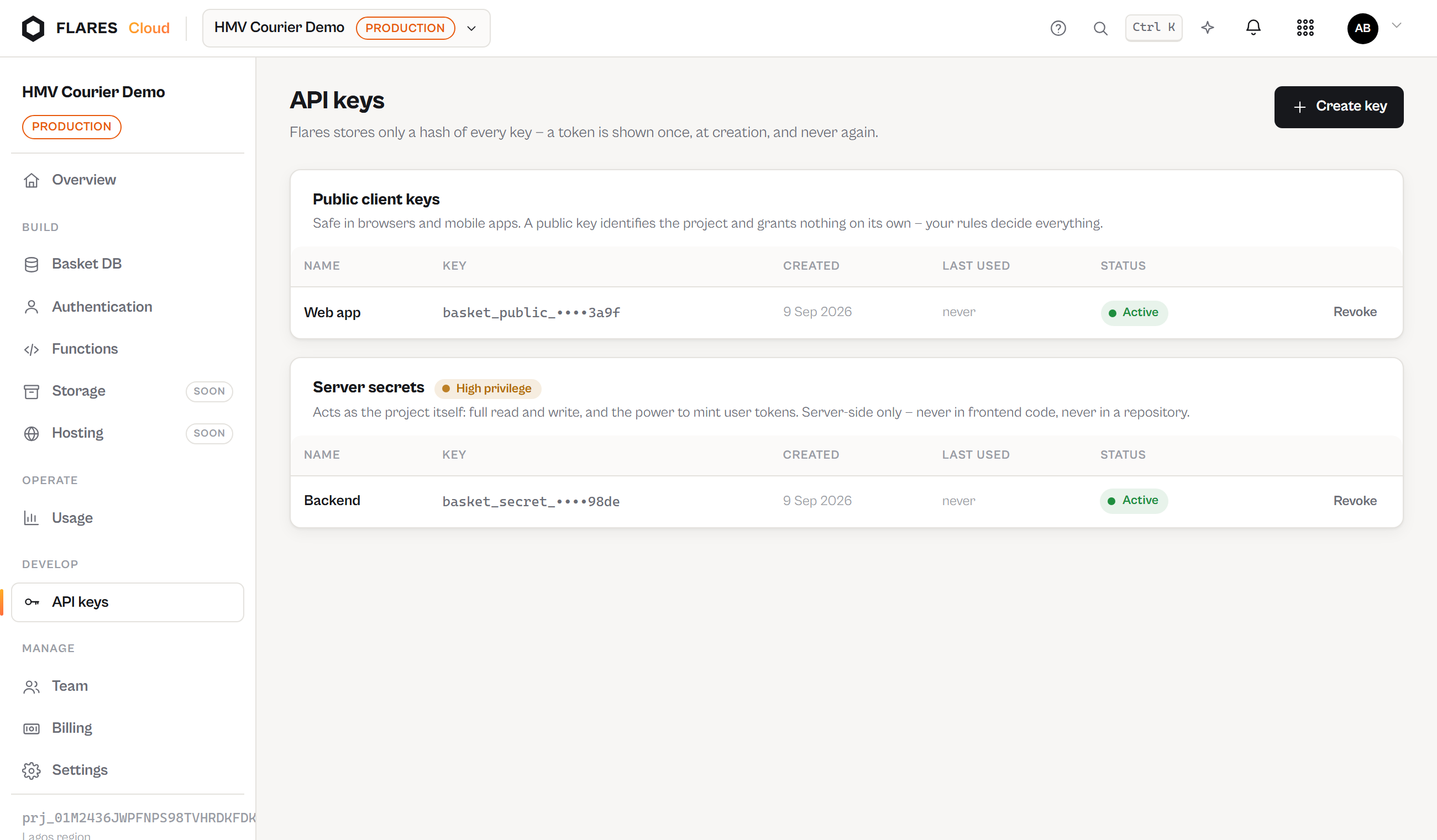 API keys: kind, prefix, last four — and a one-time reveal at creation.