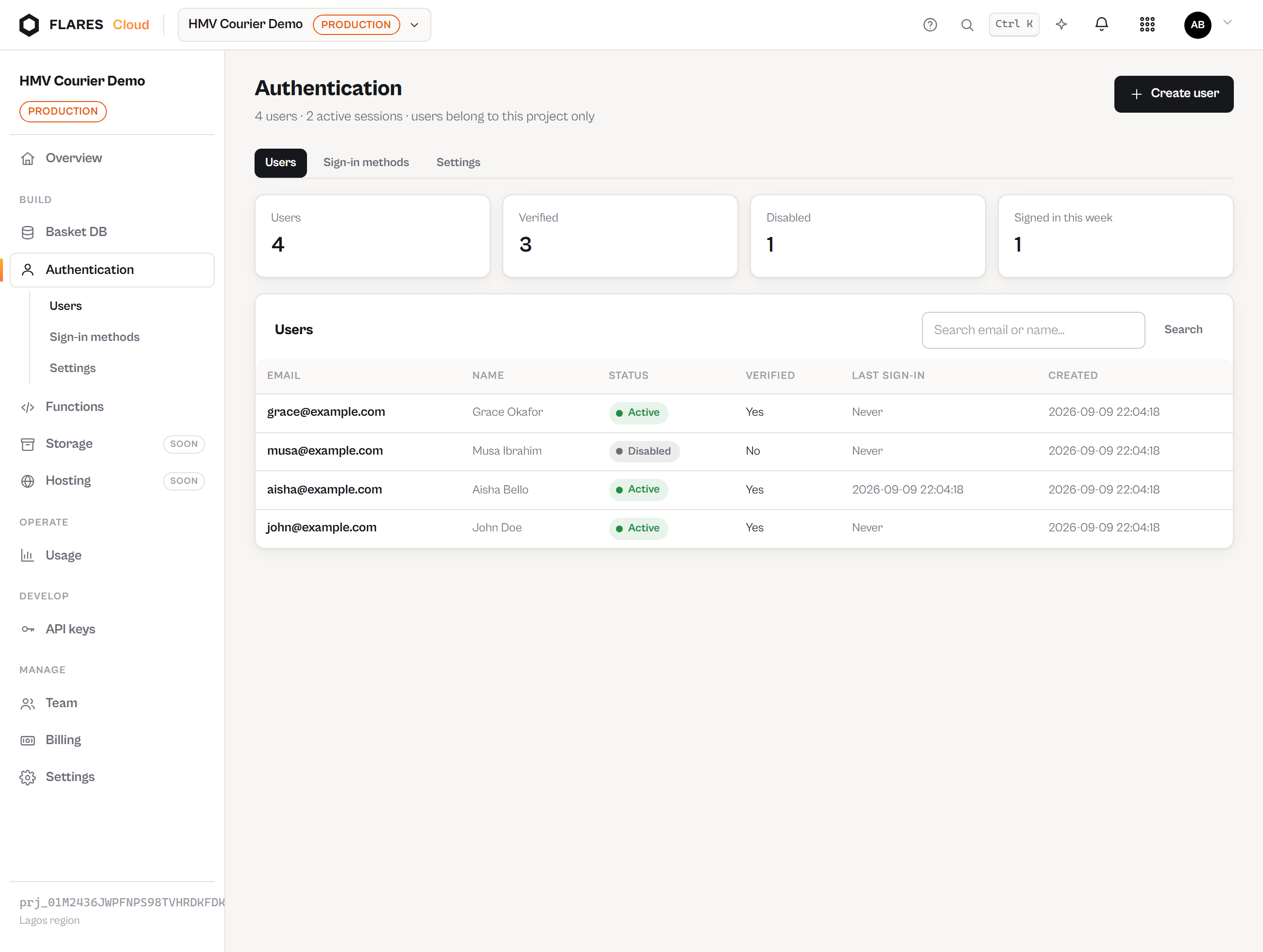 Auth inside a project: pool size, sessions, and the screens.