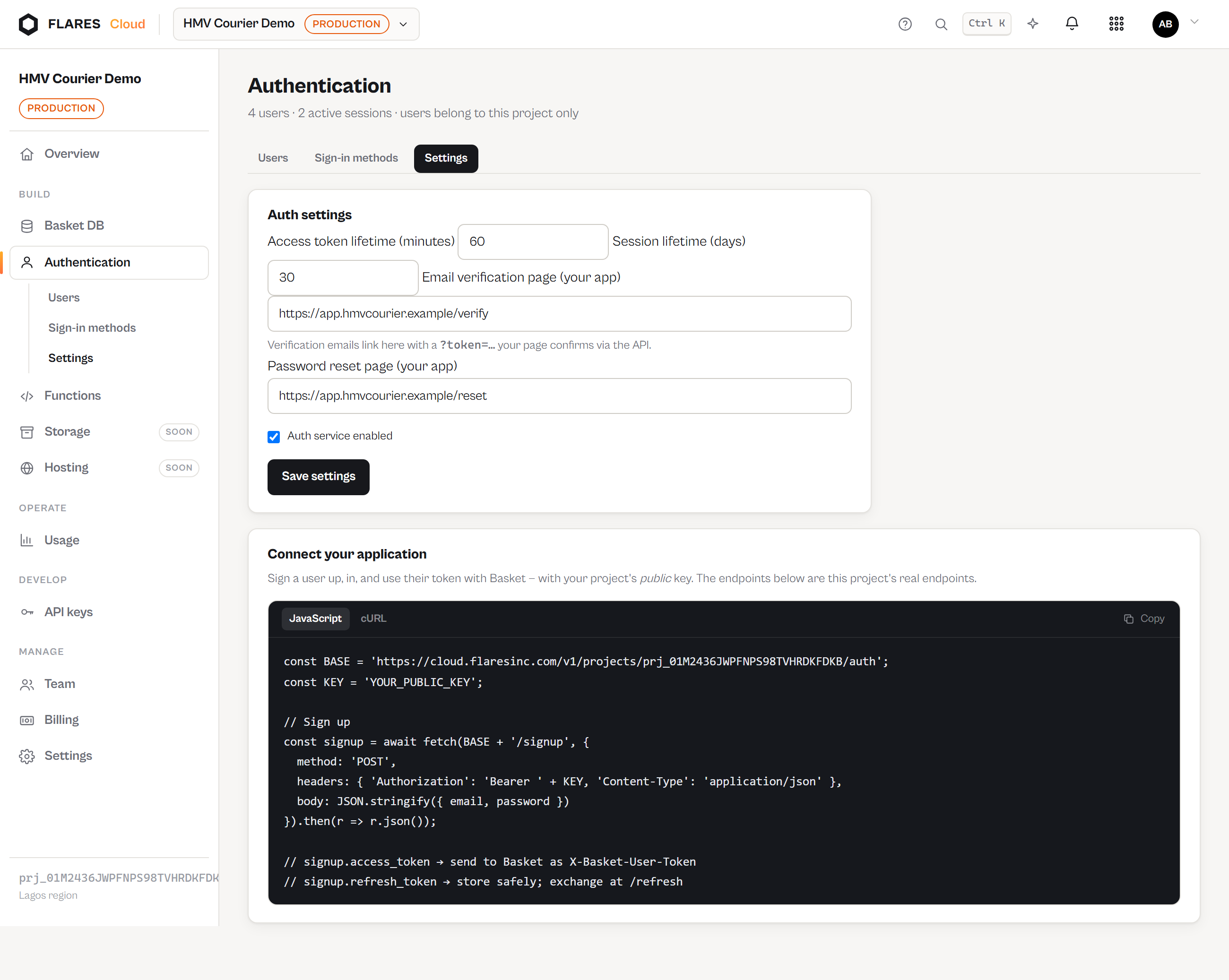 Auth settings: token lifetimes and your application's landing pages.