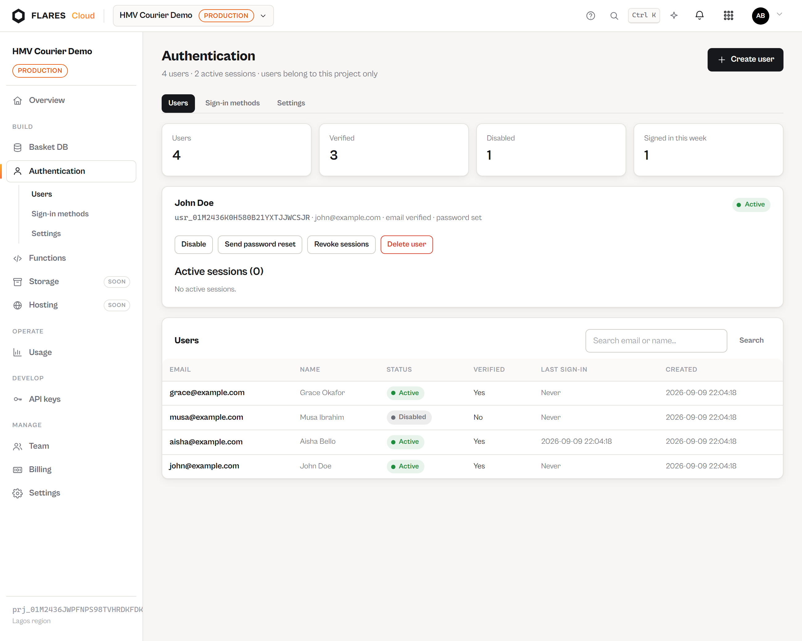 One user: status, sessions, and the actions on them.
