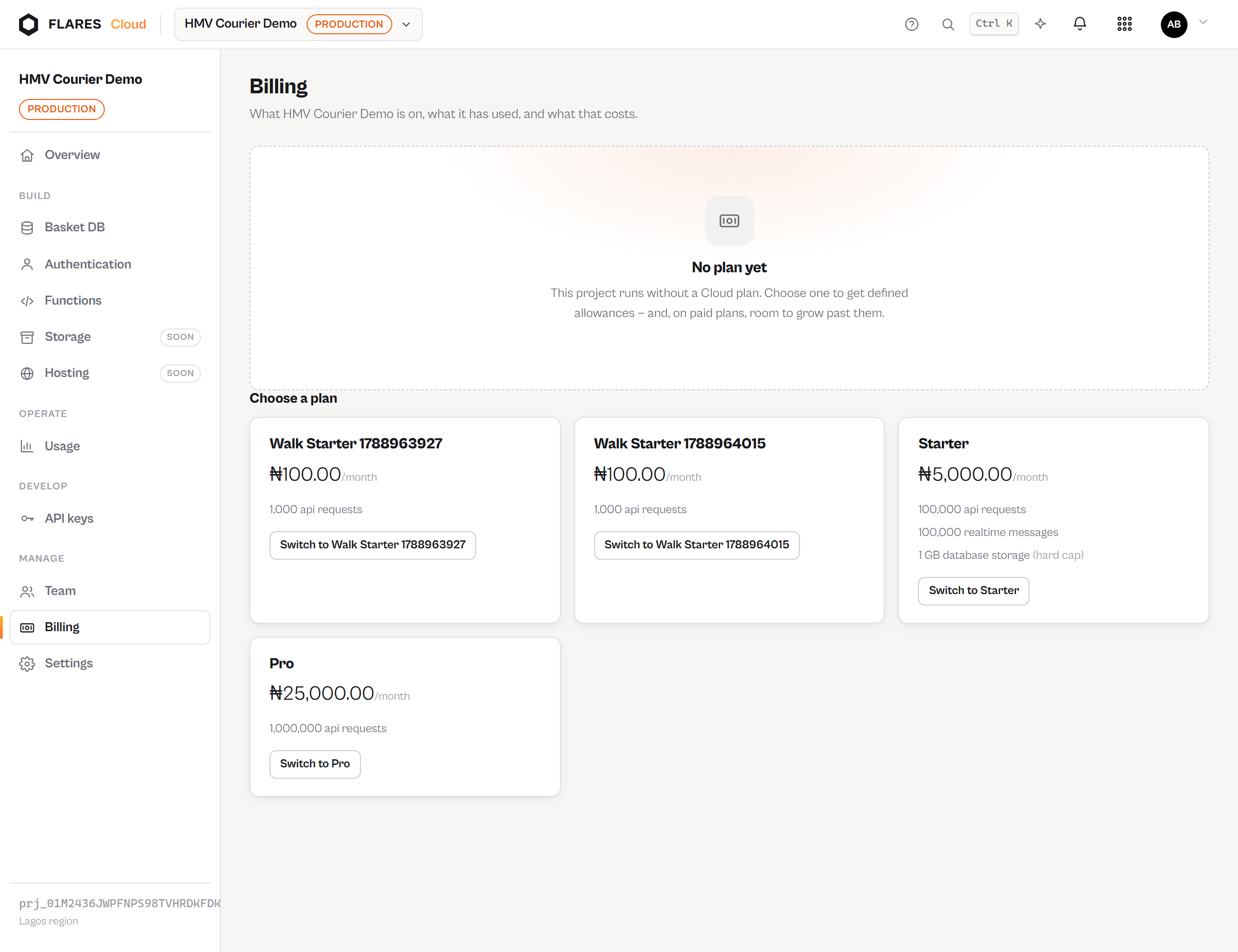 The Billing screen: plan, live estimate, invoices.
