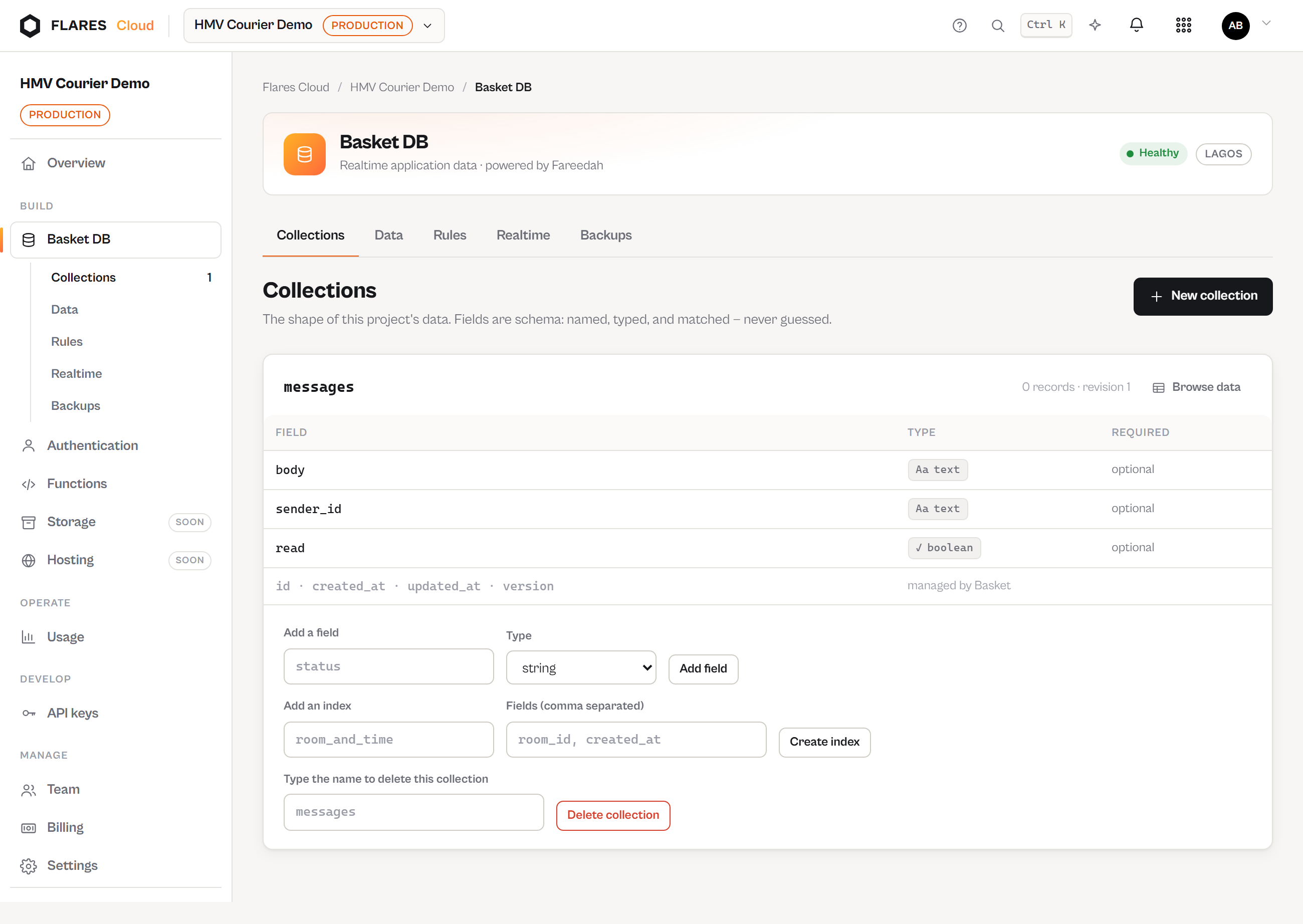 Collections: fields, indexes, record counts.