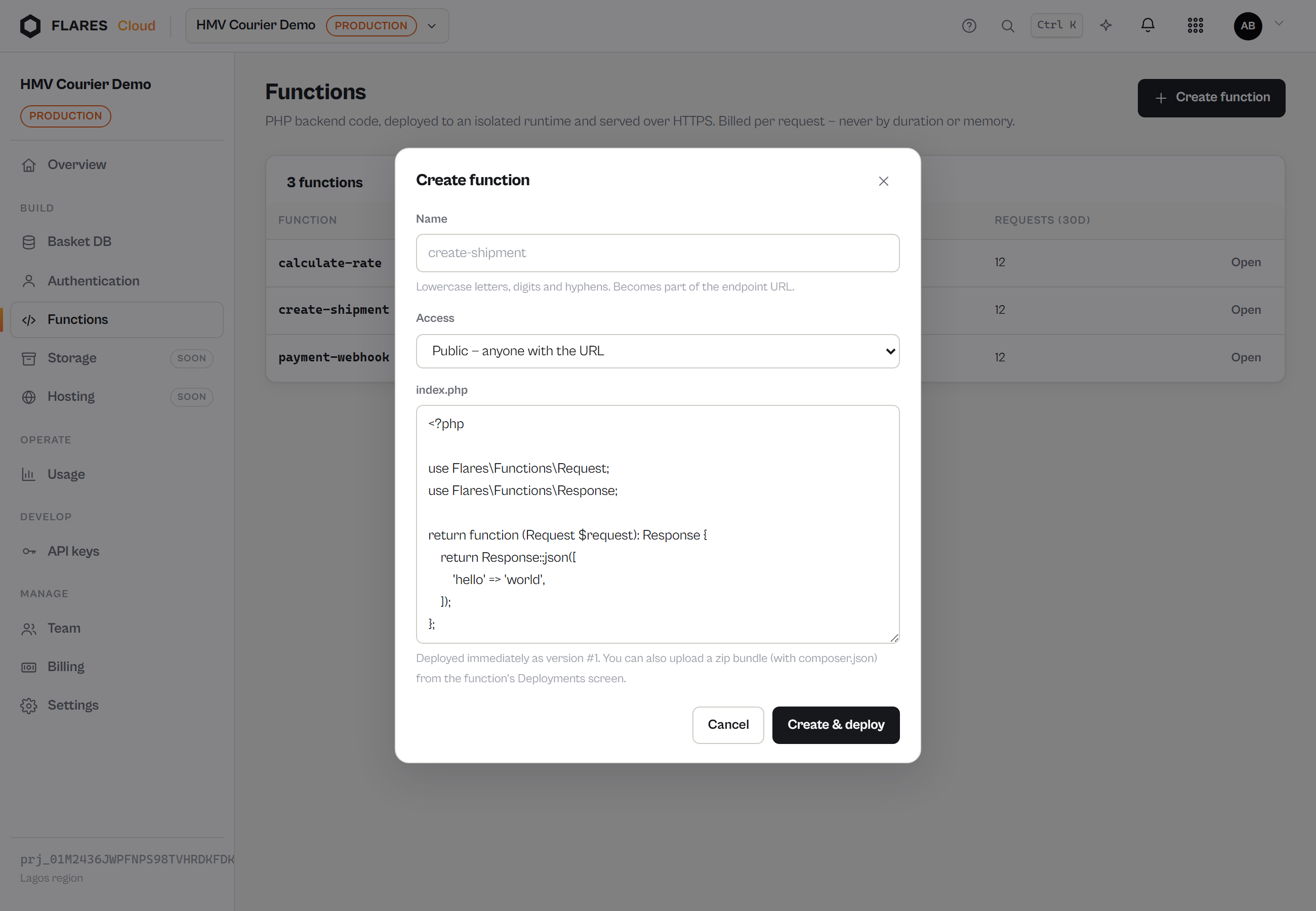 Creating a function: name, access, and the starter handler.