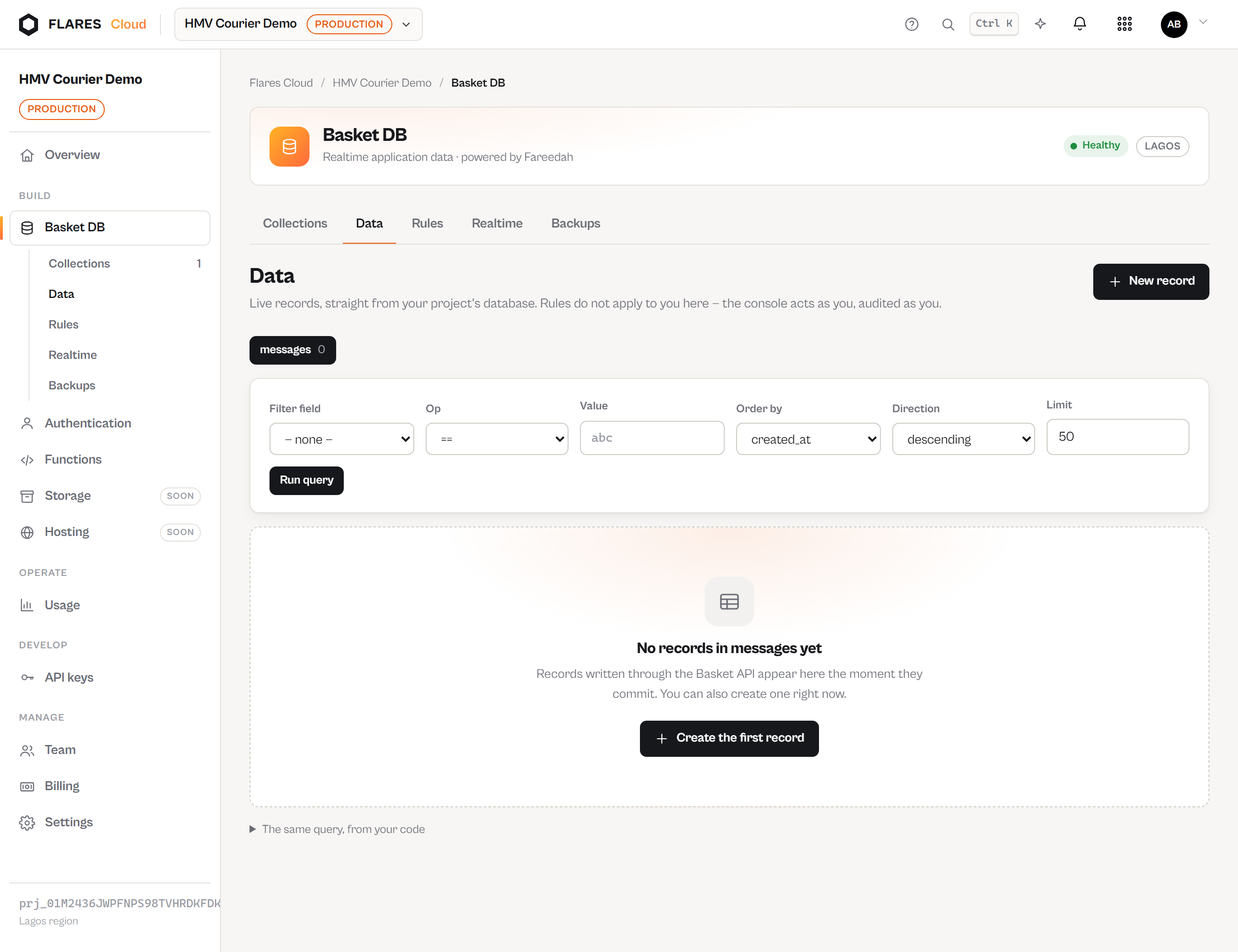 The data browser: query builder, records, and per-row actions.