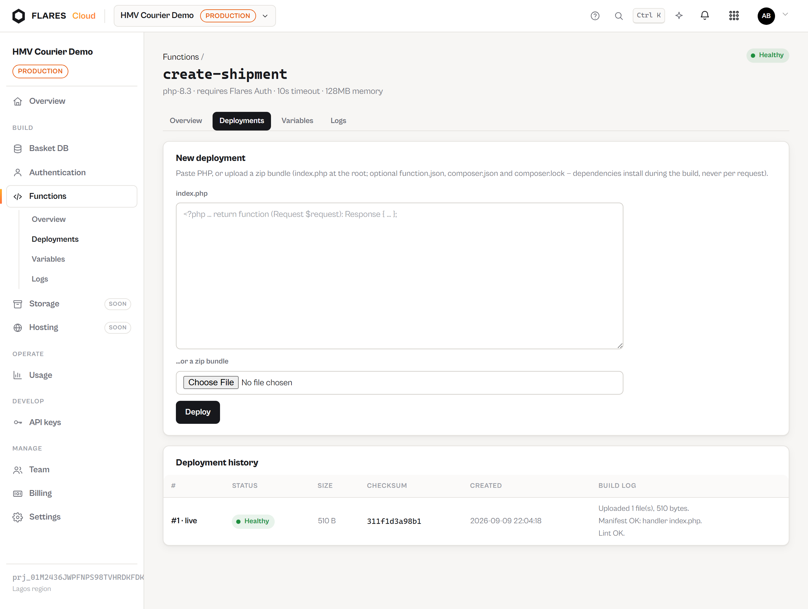 Deployment history: versions, checksums and build logs.