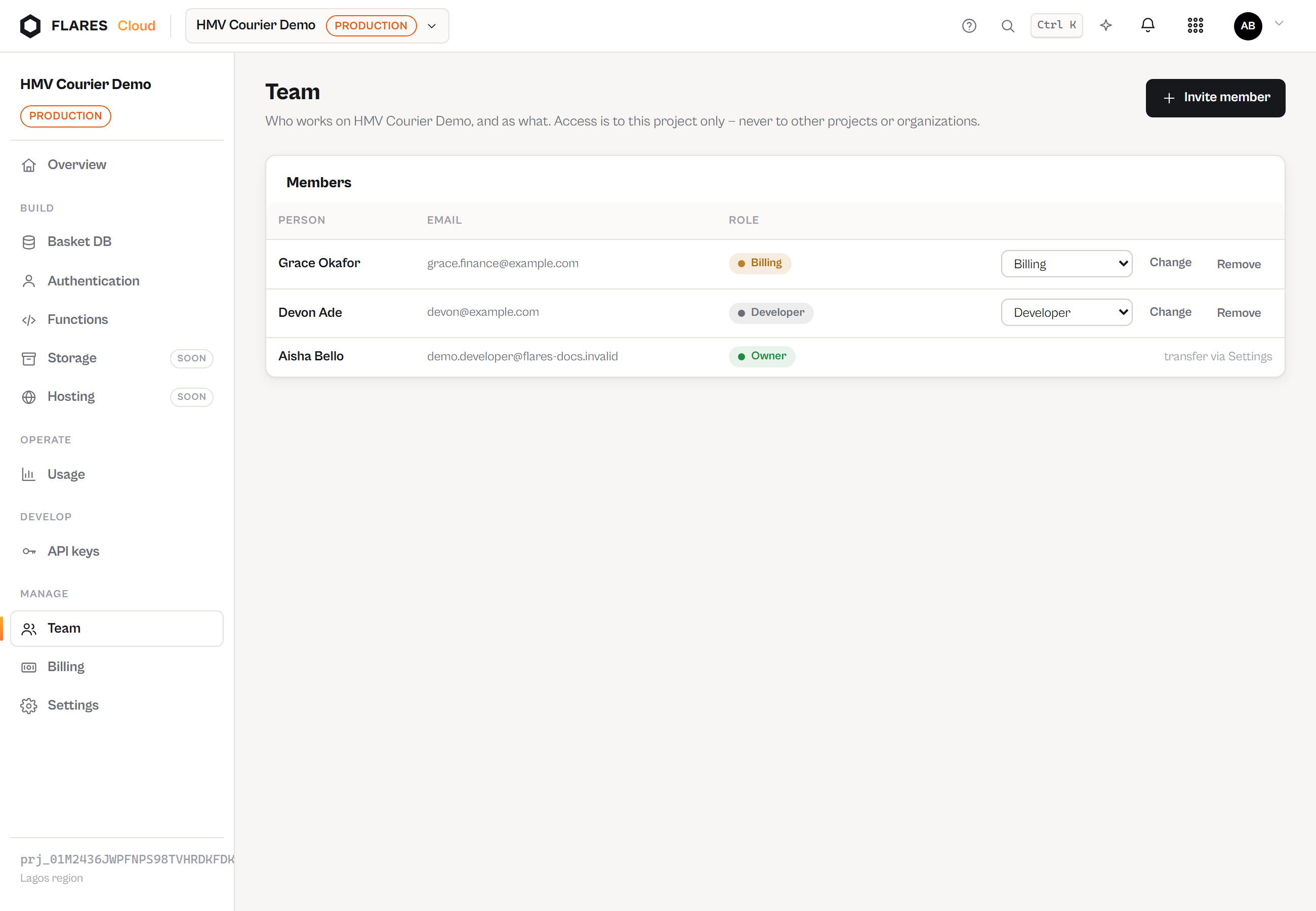 The Team screen: members, roles, pending invitations.